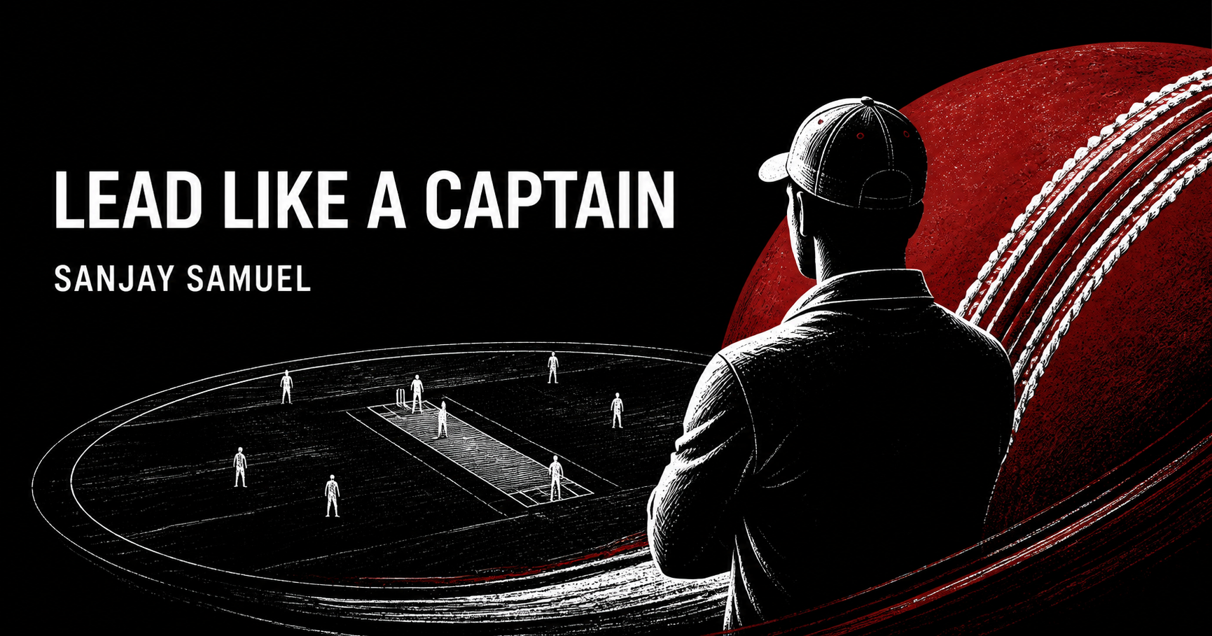 Red, black and white illustration of cricket-inspired leadership and team strategy
